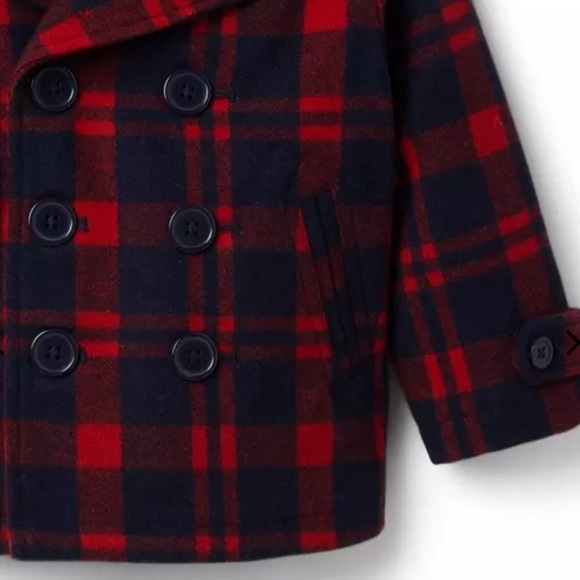 JANIE AND JACK Infant Plaid Wool Blend Coat- Dark Marine Plaid/ Size 12-18M - Picture 3 of 9